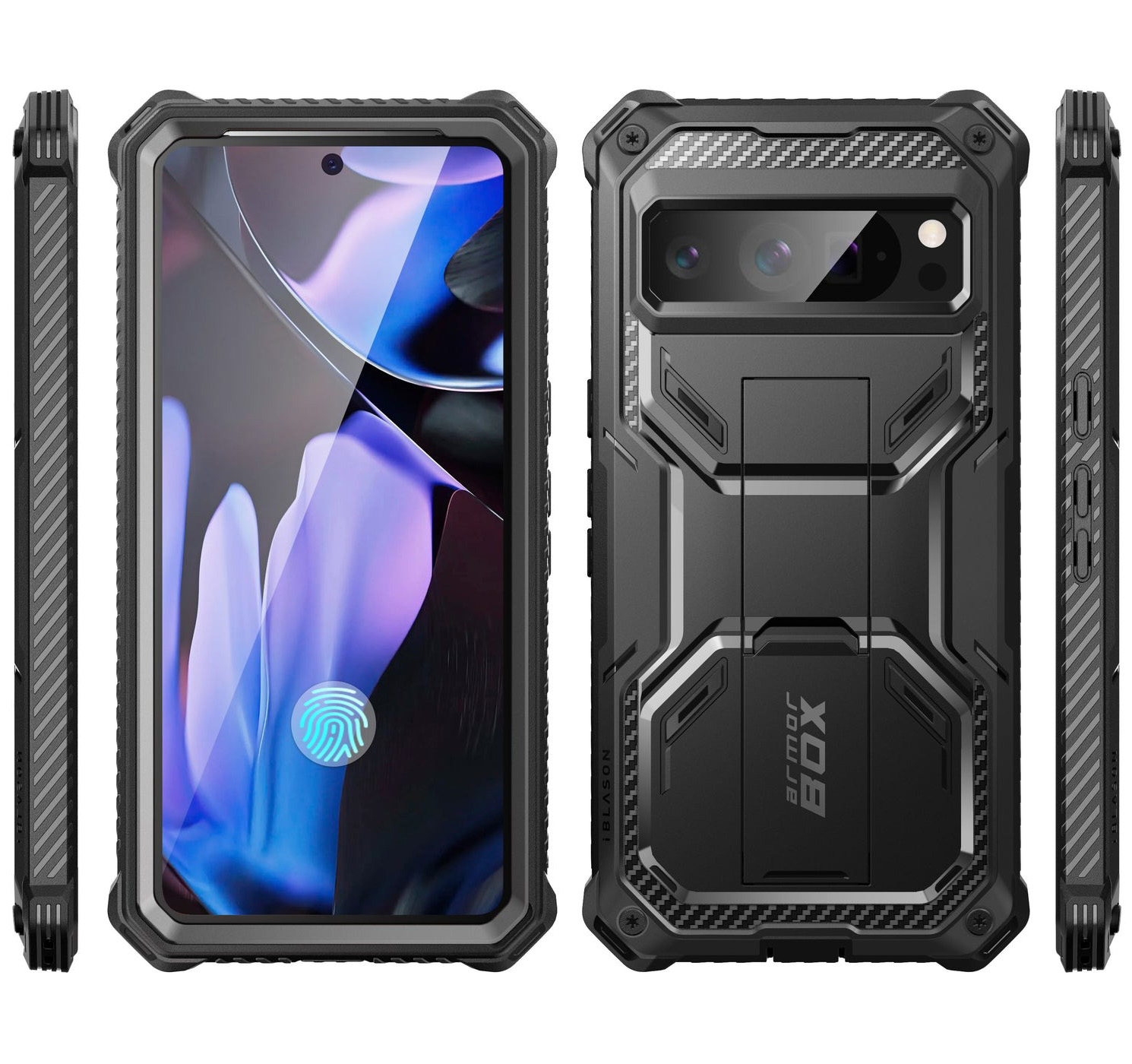 Etui pancerne z osłoną na ekran, z wbudowaną podstawką i kaburą z klipsem Supcase i-Blason Armorbox do Pixel 9 / 9 Pro, czarne